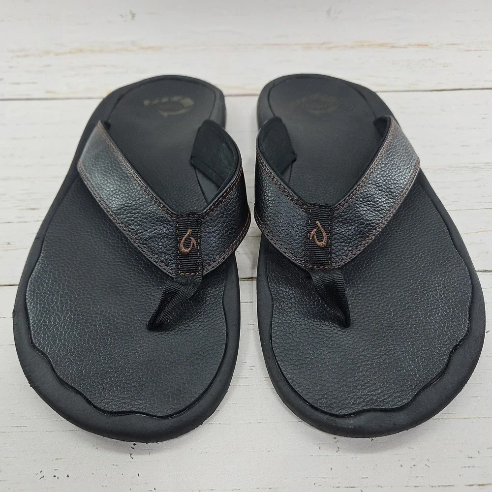 OluKai Ohana Leather Mens Size 12 Black Flip Flop Slip On Thong Sandals